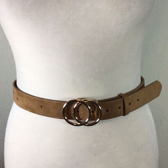 Double Ring Buckle Reversible Belt Brown Tan Faux Suede Leather Adjustable Large main image 3